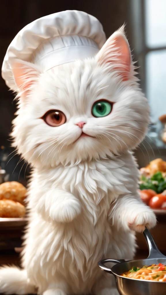 (minuet、In the middle of the meal、Holding a frying pan、Chef attracts、Chef's Hat,odd eye),,cute little,​masterpiece,top-quality,Fluffy cat,,A delightful,tre anatomically correct,,Fantasia,Cats,minuet,odd eye