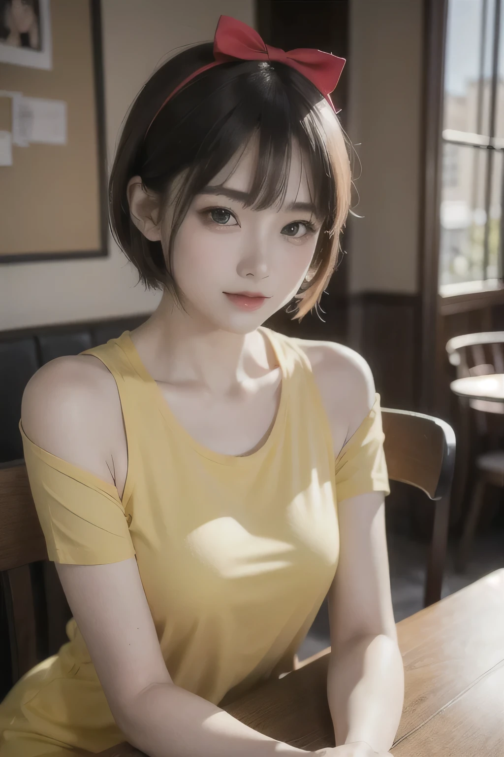 A photo of a young, nerdy woman sitting in a cafe, beautiful eyes, delicate face, wearing a yellow shirt and a bow, surrounded by a cozy atmosphere, looking at the viewer.
short hair, slender, red lips, transparent fabric, flirting with the camera