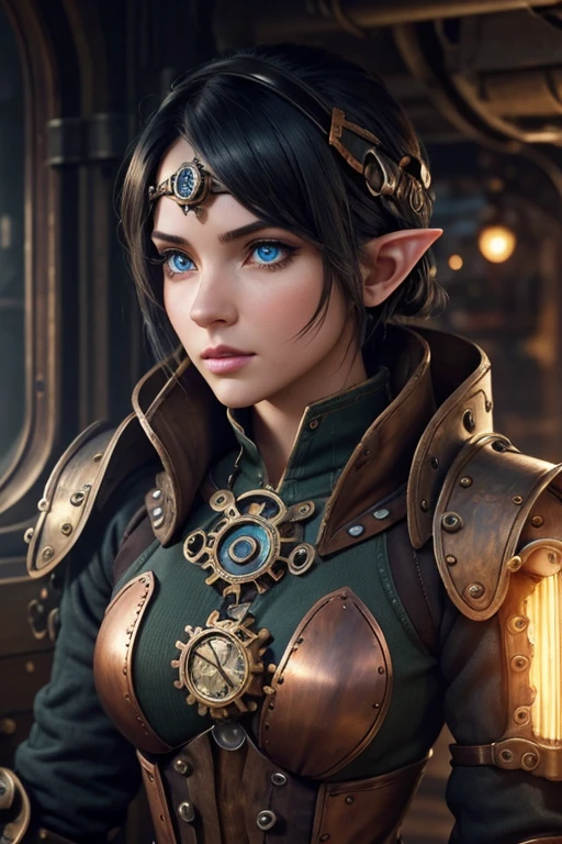 a young adult female elf, steampunk engineering jumper suit, beautiful detailed blue eyes, medium short black hair, beautiful detailed lips, extremely detailed face and skin, mechanical goggles, gears, brass, copper, steampunk machinery, cogs, pipes, clockwork, detailed fantasy flying ship landscape, volumetric lighting, cinematic composition, vivid colors, warm lighting, photorealistic, 8k, highly detailed, masterpiece