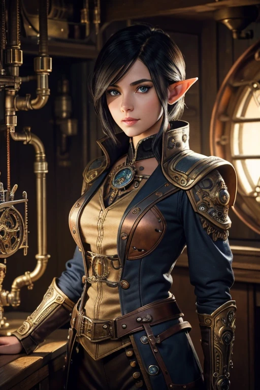 a young adult female elf, steampunk engineering jumper suit, beautiful detailed blue eyes, medium short black hair, beautiful detailed lips, extremely detailed face and skin, mechanical goggles, gears, brass, copper, steampunk machinery, cogs, pipes, clockwork, detailed fantasy flying ship landscape, volumetric lighting, cinematic composition, vivid colors, warm lighting, photorealistic, 8k, highly detailed, masterpiece