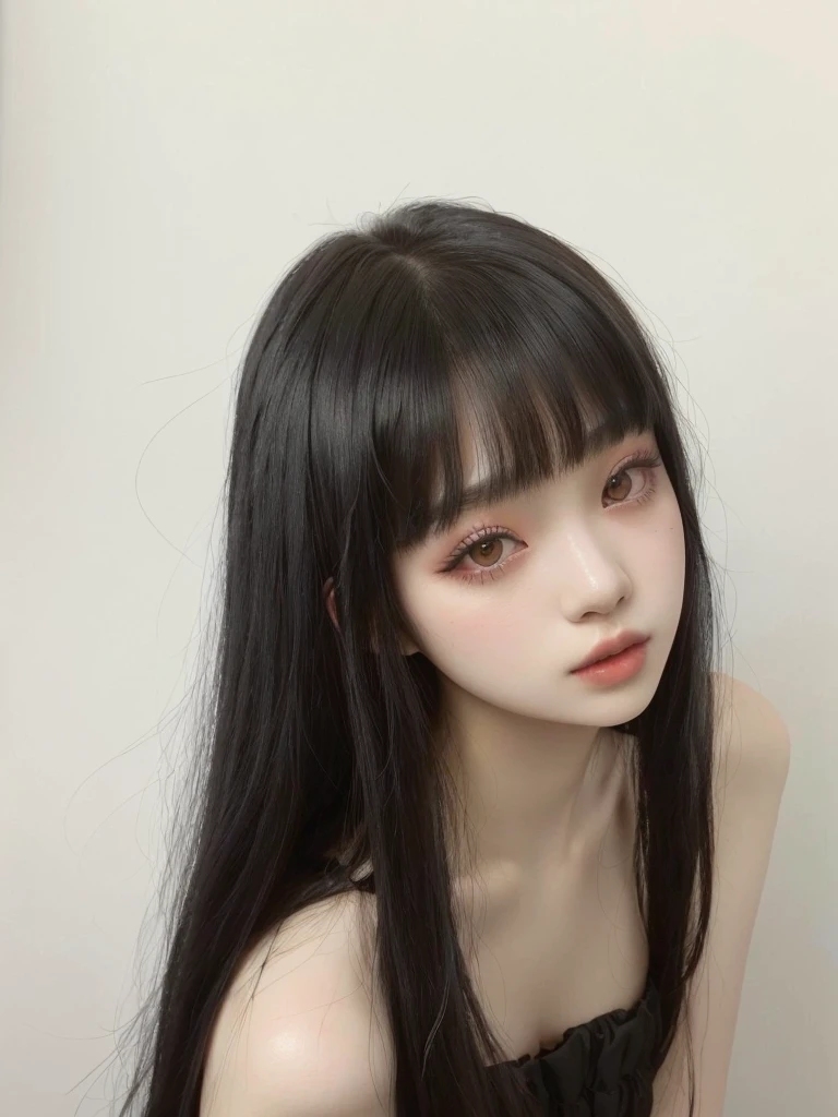 Black hair ulzzang girl with bangs, she has long black hair, young ulzzang with pale and soft face, ulzzang girl with gothic style, she is gothic, ulzzang inspirada and Jennie Blackpink