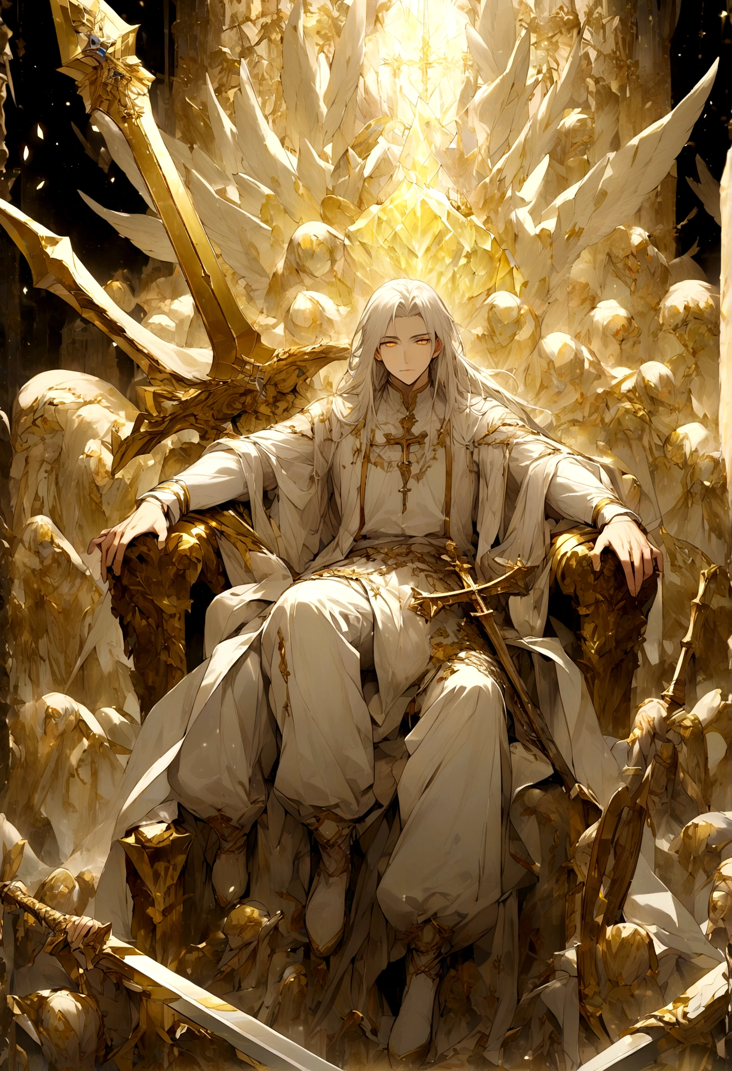 A handsome man with white long hair, golden eyes wearing a white long blouse, white shirt and white long pant sitting on a giant clear crystal throne with two arms placing on a broadsword with golden cross sword hilt and a lot of cyber creatures like angels flying around.