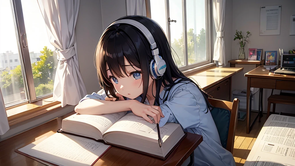 morning、Inside the room、Sunshine outside the window、Young girl、Wearing headphones、Concentrate and study at your desk、Notebook on desk、coffee、smartphone、Side view