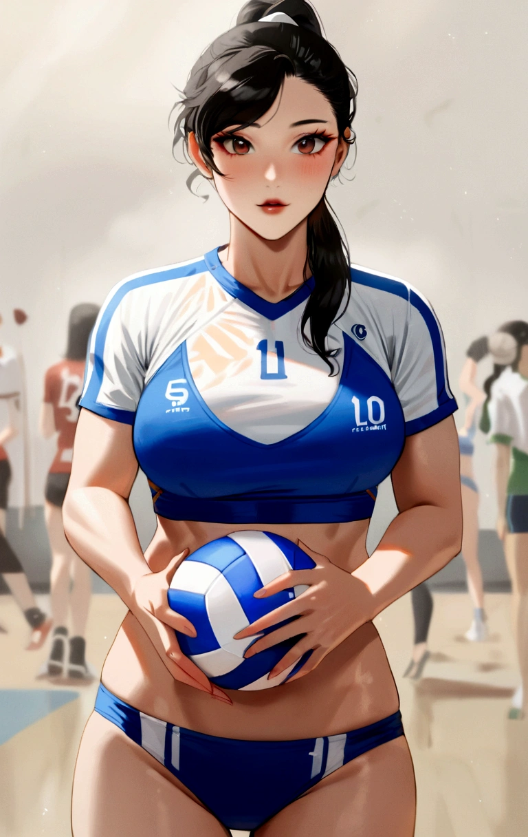 perfection、masterpiece、(Highest quality、High resolution:1.2)、 1 person、Beautifully detailed eyes、Beautifully detailed lips、Highly detailed eyes and face、media: oil、Bright colors、HDR、Studio Lighting、Ultra-fine painting、Sharp focus、Physically Based Rendering、Extremely detailed depiction、Moderate bust、perfectionな形、Facing the ceiling、Sweat、smile、Volleyball Player、((Sleeveless Japanese national volleyball uniform))、gym、Center Court