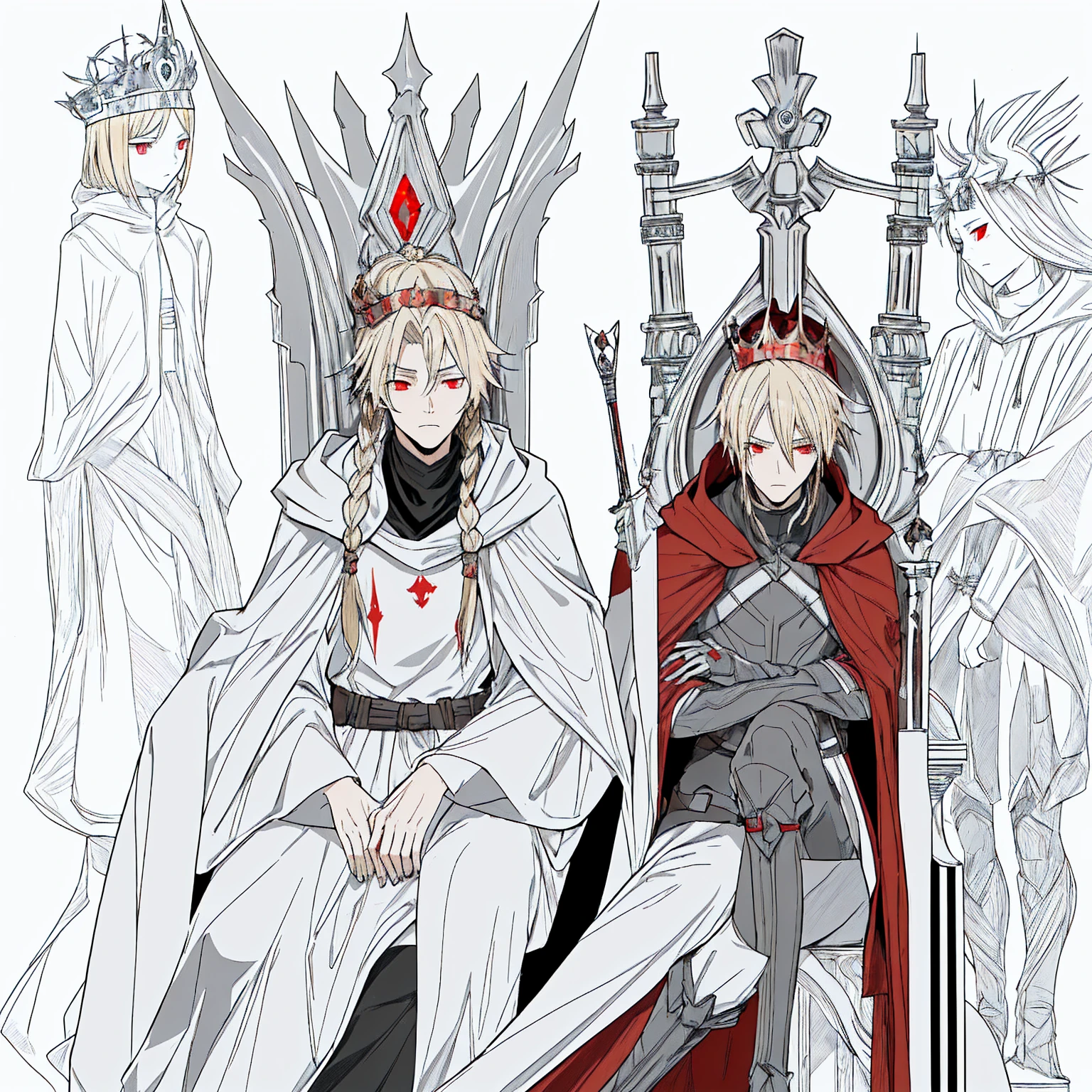 Tall, tannish, male, equipped with battle suit, covered by aqua cloak, blonde hair in manbun, red eyes, handsome, hood covering face, sitting on throne, with a sleek crown on, closed eyes with a sigh, masculine.