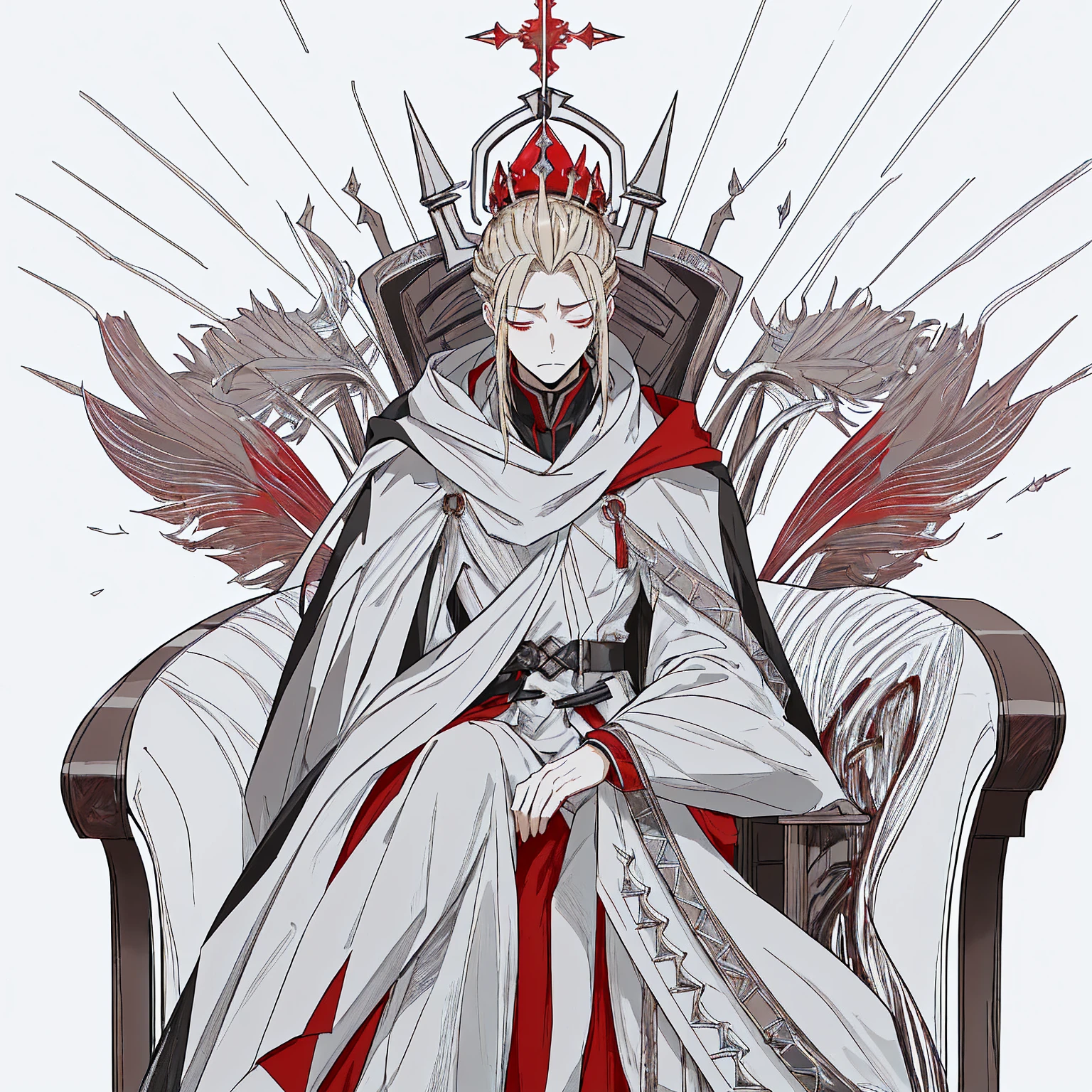 Tall, tannish, male, equipped with battle suit, covered by aqua cloak, blonde hair in manbun, red eyes, handsome, hood covering face, sitting on throne, with a sleek crown on, closed eyes with a sigh, masculine.