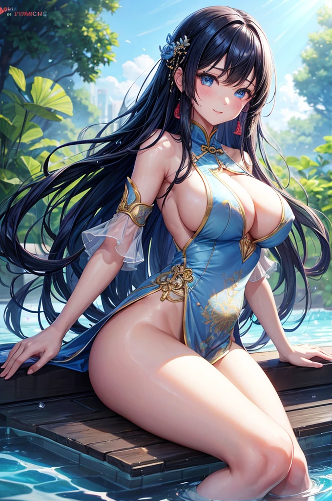 She is touching her clit in her Chinese dress、8K、、Highest quality、Tabletop、Ultra HD、Ultra-detailed、so beautiful、Ultra-detailed髪質、so beautiful、Portrait、Esbian all over、Captivating look、Beautiful woman、Long Blue Hair、blue eyes、Glowing Skin、bursting breasts、Very large breasts、Very big ass、Water droplets running down the skin、The background is a great night pool、naked、Excessive pubic hair growth