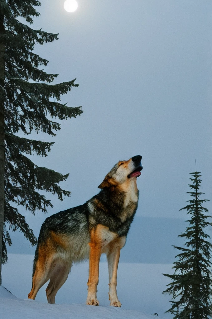 A wolf stands on a steep mountaintop in the dark night,Ang Xiao。Its posture is upright,Thick and shiny hair,The eyes are firm and shining,As if expressing a call of wildness and。Surrounded by a vast sea of clouds,Clouds and mist,A fairyland-like view。far away,A huge moon hangs in the sky,Moonlight shines on the mountains,The wolf's silhouette,Adds a mysterious and dreamy touch to the whole picture。The whole scene is full of power and grandeur.,People can't help but marvel at the magic and magnificence of nature。Photorealistic style