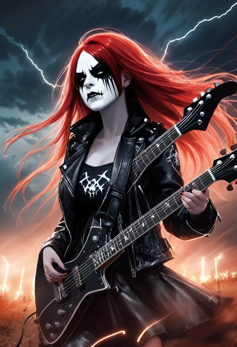 Black Metal girl, pale face, Black Metal make up, corpse paint face, red hair shoulder length, leather jacket, riding on a guitar in sky, electricity effects around her, movement blur