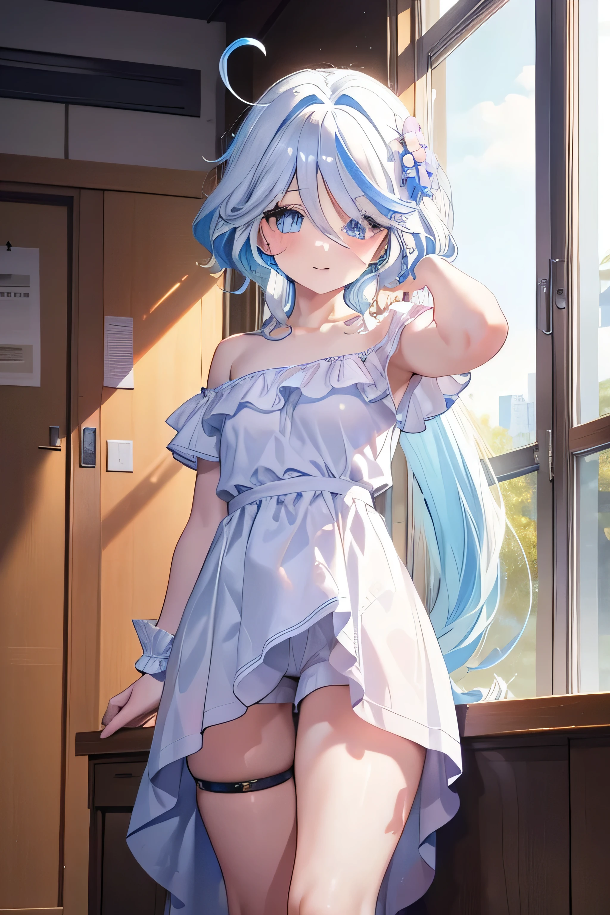 blush,Smile、Combat uniform、Primary school students、The back is small、ta、Small Breasts、Please show me your armpits、External: 14 y-shoulder、The collarbone is clearly visible、Sexy thighs、Beautiful legs、Usual hairstyle、best quality, high resolution, Unity 8K wallpaper, (shape:0.8), (Pretty and beautiful eyes:1.6), Highly detailed face, Perfect lighting, Highly detailed CG, (Perfect hands, Perfect anatomical structure),