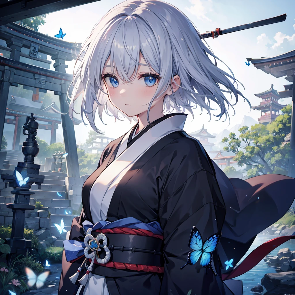 (((1 person))) ((High resolution Gray Hair short hair Black kimono Shoulder knifeを構える)) ((Black Band samurai Lonely despair blue eyes)) ((Blue Butterfly night Japanese style old Shining Aura garden shrine torii Catch the wind)) (dance 日本knife knife Slashing) moonlight star Draw your sword Shining Background Shining Edge