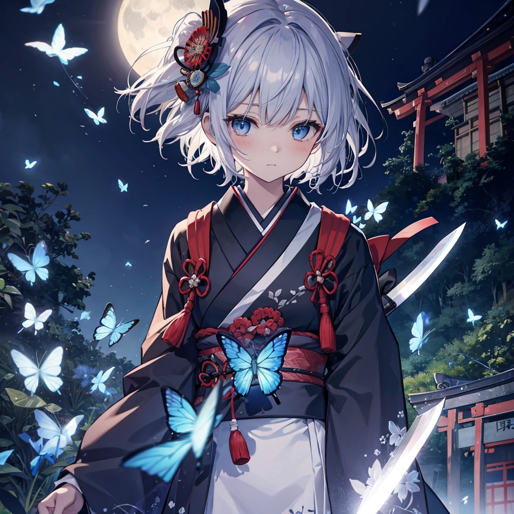 (((1 person))) ((High resolution Gray Hair short hair Black kimono Shoulder knifeを構える)) ((Black Band samurai Lonely despair blue eyes)) ((Blue Butterfly night Japanese style old Shining Aura garden shrine torii Catch the wind)) (dance 日本knife knife Slashing) moonlight star Draw your sword Shining Background Shining Edge