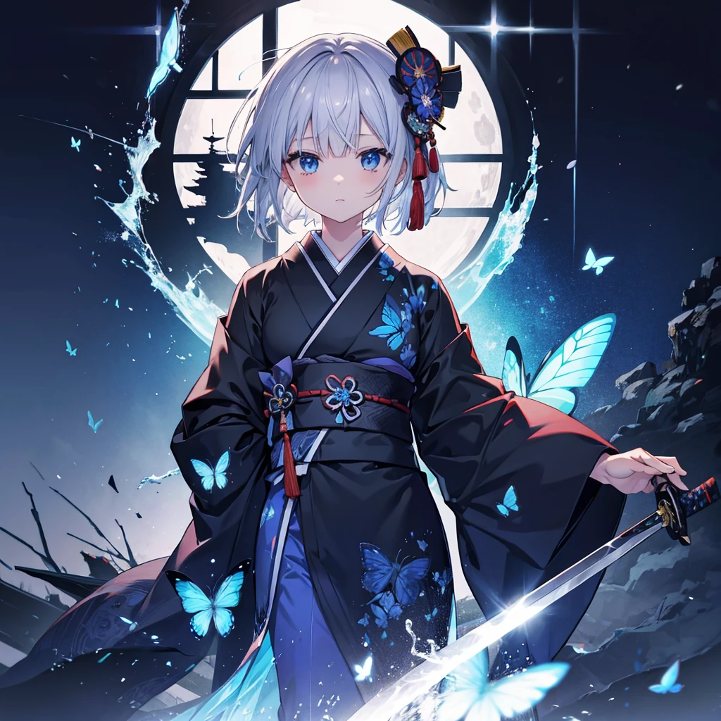 (((1 person)))　((High resolution　Gray Hair　short hair　Black kimono　Shoulder　knifeを構える))　((Black Band　samurai　Lonely　despair　blue eyes))　((Blue Butterfly　night　Japanese style　old　Shining Aura　garden　shrine　torii　Catch the wind))　(dance　日本knife　knife　Slashing)　moonlight　star　Draw your sword　Shining Background　Shining Edge