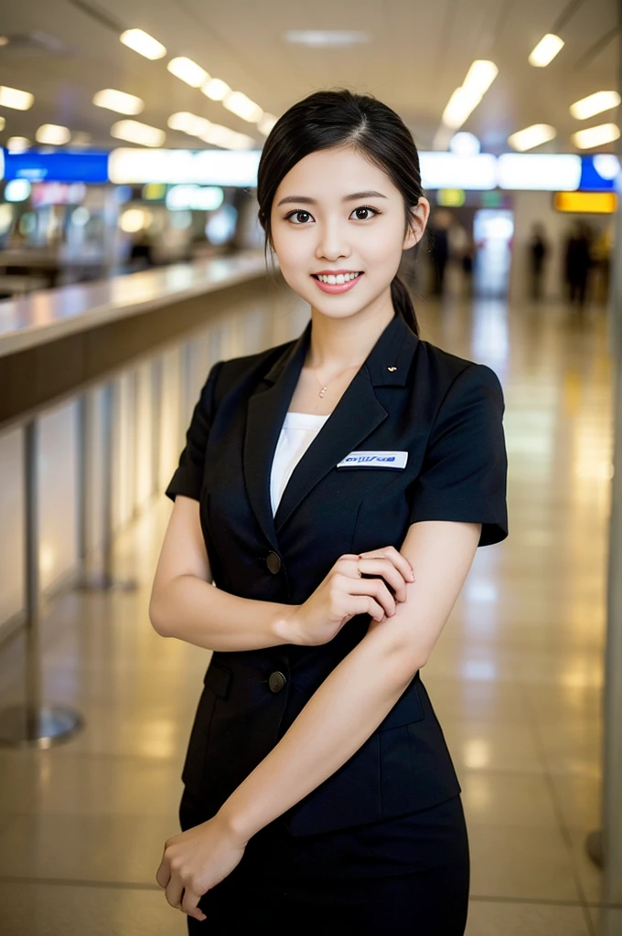 gorgeous woman, Age 21, Flight attendant uniform, Shenzhen Airlines flight attendant,Natural poses in an empty airport, dimpled smile, short ponytail, short bob hair, cute teeth, A rich, round chest., realistic, Beautifully detailed eyes, hyperrealism, high contrast, Ultra HD, realistic textures, Highest picture quality, Highest quality, Ultra high resolution, great details, very meticulously, head to knee, focus ass, dark bokeh night background
