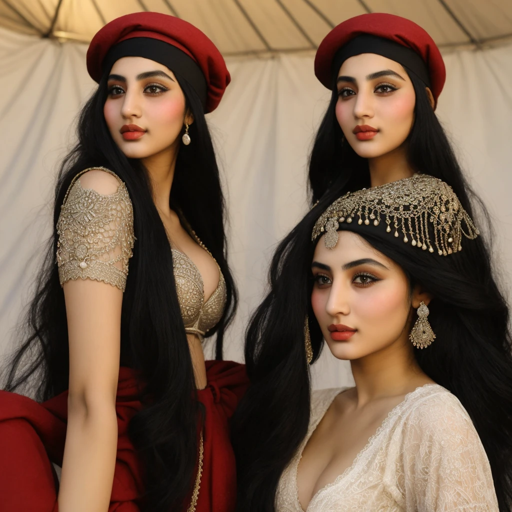 Afghan sexy, 2 girl, (22 years old), in the military tent, shapely, bra, beret, pleased expression, (from front view), (masterpiece, best quality, highly detailed, hyper realistic)