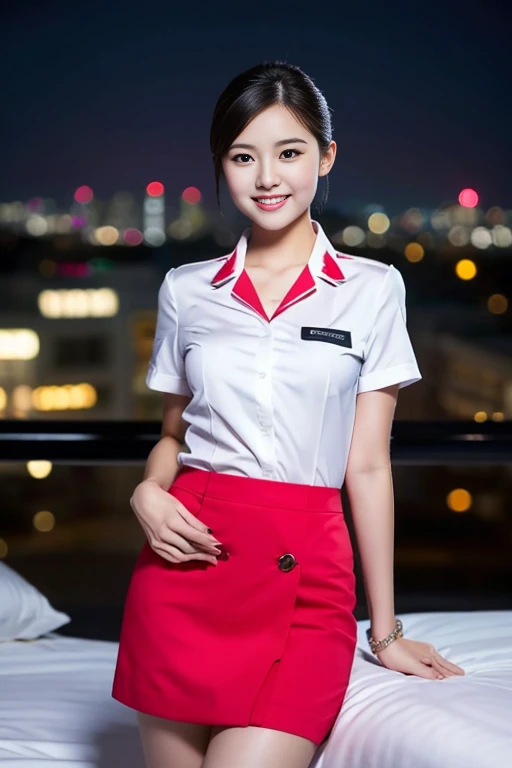 a gorgeous lady, age 21, Flight Attendant uniform, Shenzhen Airlines Stewardess, white shirt and pink mini-skirt, natural pose on bed, dimpled smile, short ponytail hair, short bob hair, cute snaggleteeth, well-endowed round bosom, long flawless legs, photorealistic, beautiful detailed eyes, beautiful detailed face, hyper-realism, high contrast, ultra HD, realistic skin textures, top image quality, top-quality, super high resolution, fine details, very meticulously, head to knees, dark bokeh night background