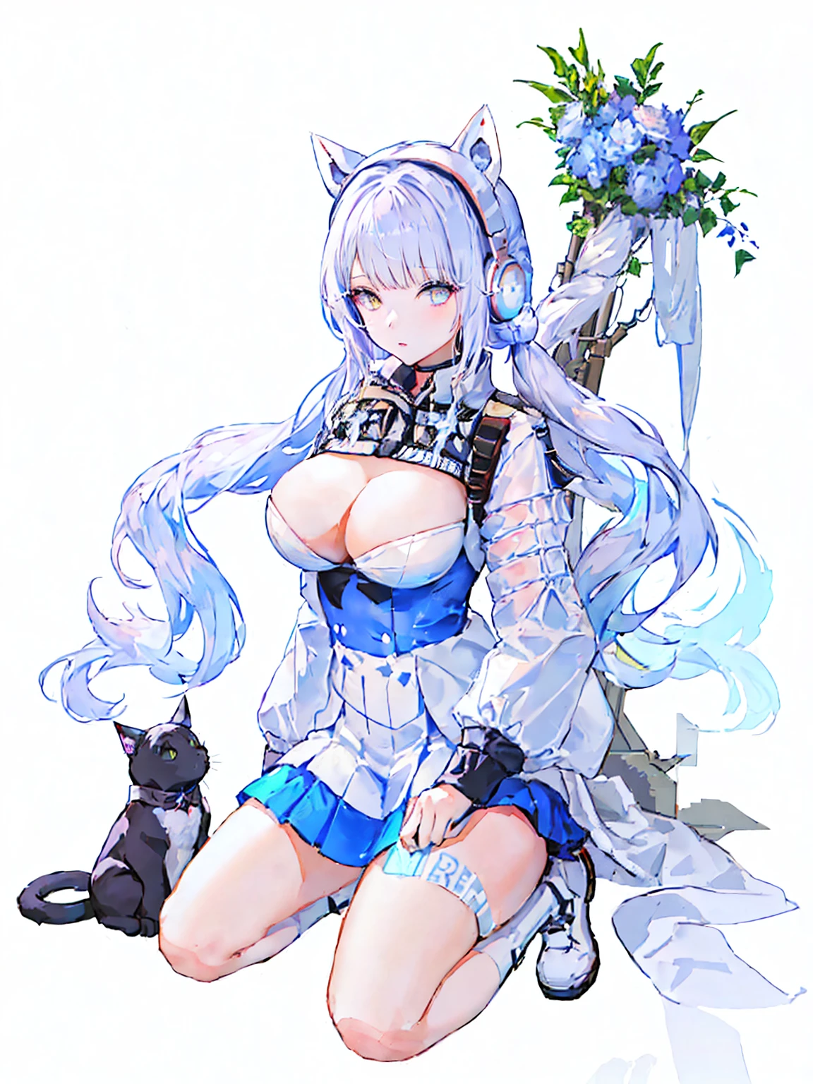 An anime character wearing white and blue clothes and accompanied by a black cat, Azur Lane Style, Live2D Virtual Youtuber Model, from Arknights, From the Azur Lane video game, Azur Lane Characters, Girls Frontline Style, From Girls Frontline, White Cyan, Moon themed costume, White cat lady, Arknights, Ayaka Genshin Impact, Girls Frontline Universe, whole body, 1 person, Cat ears headband