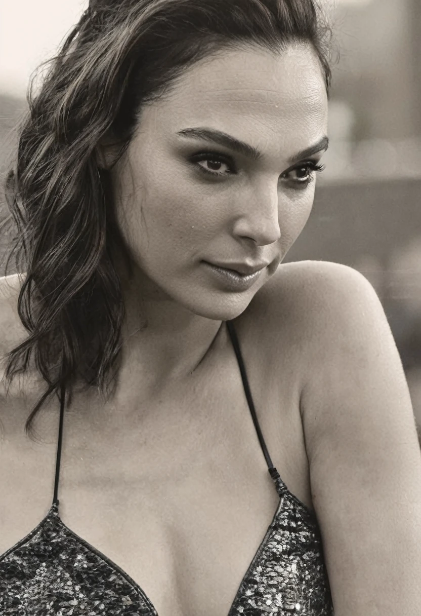  high quality  Erotic paparazzi photograph  (GalGadot  , HaiStei) random erotic photograph , she is wearing a sweaty blouse, mini blouse, warm environment , bright sun,seductive, tired woman , fit muscular woman  ,  depth of field, insanely detailed skin texture, hyper detailed features 