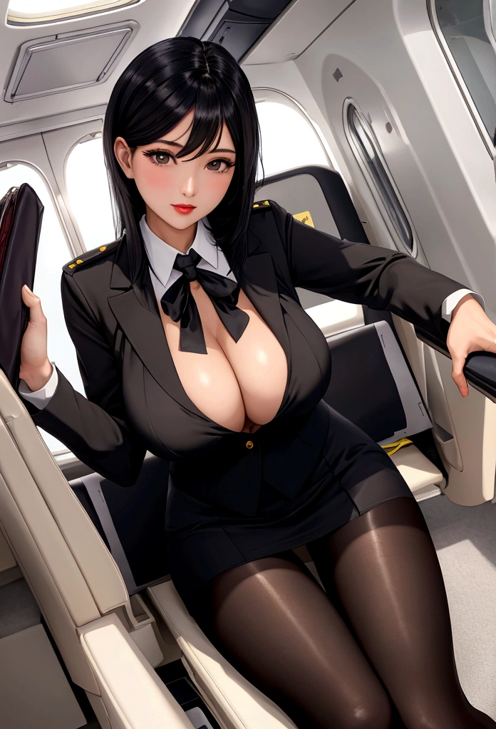 Shiny pantyhose Stewardess Black hair Beautiful breasts