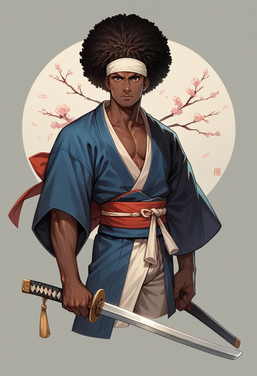 afro, sword, weapon, 1boy, male_focus, solo, katana, dark_skin, headband, photo_background, samurai, dark-skinned_male, black_hair, realistic, japanese_clothes, sheath