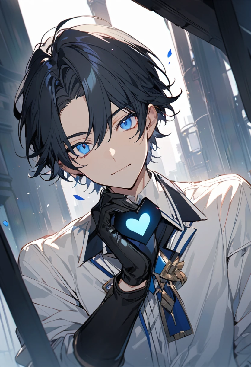 Empty heart,alone,View your viewers,short hair,blue eyes,shirt,Black Hair,gloves,Long sleeve,One boy,bow,jewelry,Mouth closed,white shirt,Upper Body,Men's Center,Earrings,black gloves,collared shirt,bowtie,Hair on one eye,Shadow,One eye is covered,