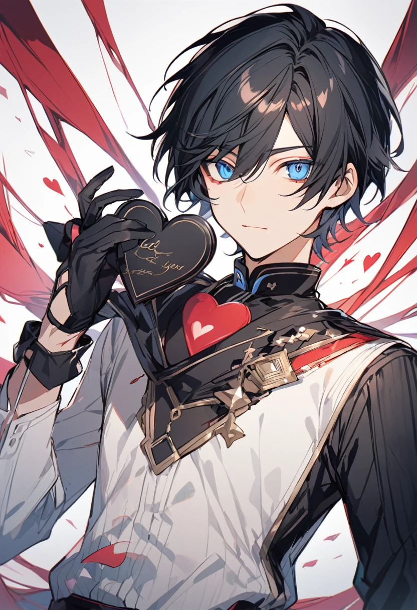 Empty heart,alone,View your viewers,short hair,blue eyes,shirt,Black Hair,gloves,Long sleeve,One boy,bow,jewelry,Mouth closed,white shirt,Upper Body,Men's Center,Earrings,black gloves,collared shirt,bowtie,Hair on one eye,Shadow,One eye is covered,