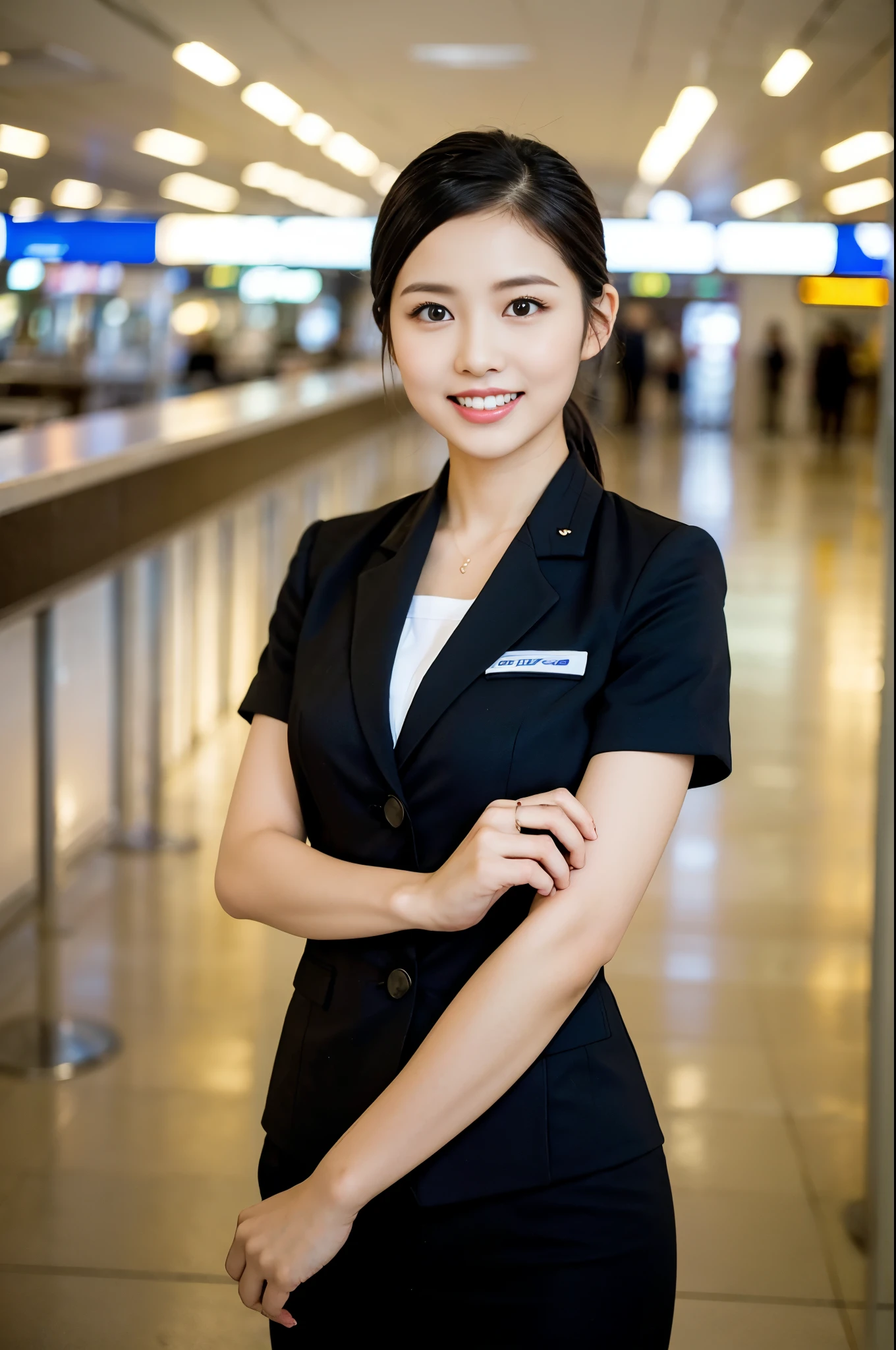 gorgeous woman, Age 21, Flight attendant uniform, Shenzhen Airlines flight attendant,Natural poses in an empty airport, dimpled smile, short ponytail, short bob hair, cute teeth, A rich, round chest., realistic, Beautifully detailed eyes, hyperrealism, high contrast, Ultra HD, realistic textures, Highest picture quality, Highest quality, Ultra high resolution, great details, very meticulously, head to knee, focus ass, dark bokeh night background