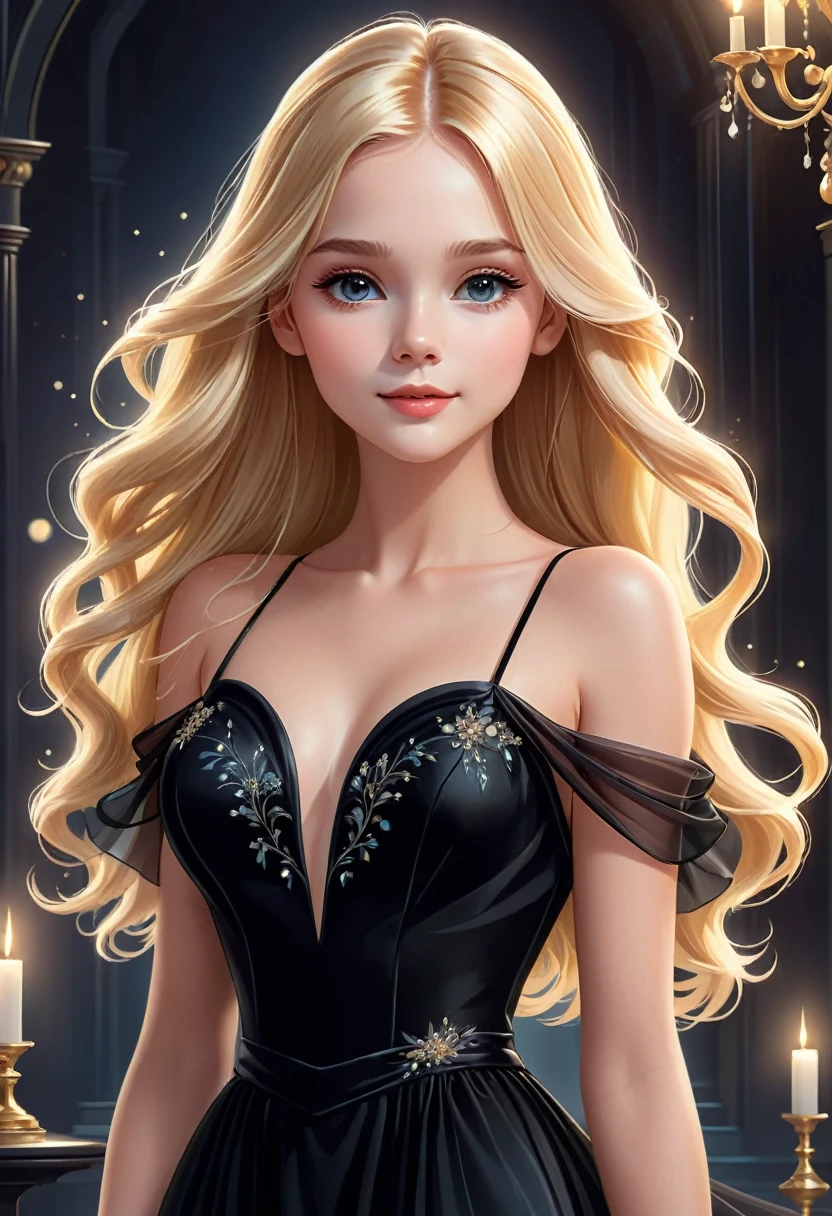   Vector graphic design of cute pretty girl with long blonde hair and perfect anatomy. Her exquisite, gorgeous and charming black evening dress, Ethereal and dreamy.,mitigate,High resolution details,best quality,

           Master of ultra-detailed animation art and visual effects&#39;s works art station, Conceptual artwork anatomy correct detailed sharp focus illustration, artwork