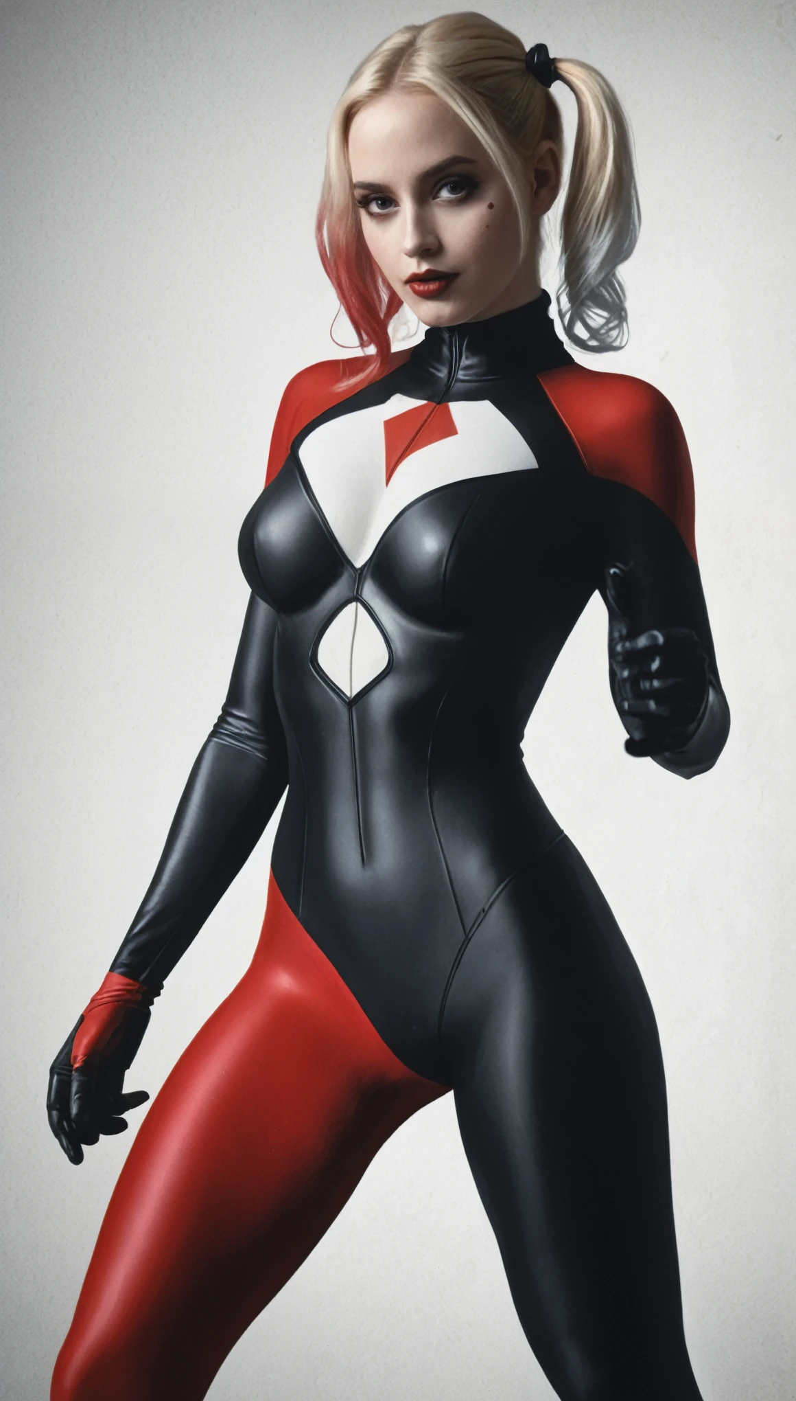  Harley Quinn, wearing a black and red morph suit, hourglass figure, f /2.8, cinematic, high quality, skin texture, looking at the camera  hard shadows, graphite shading, stencil marks, airbrushed acrylic paint, masterpiece 