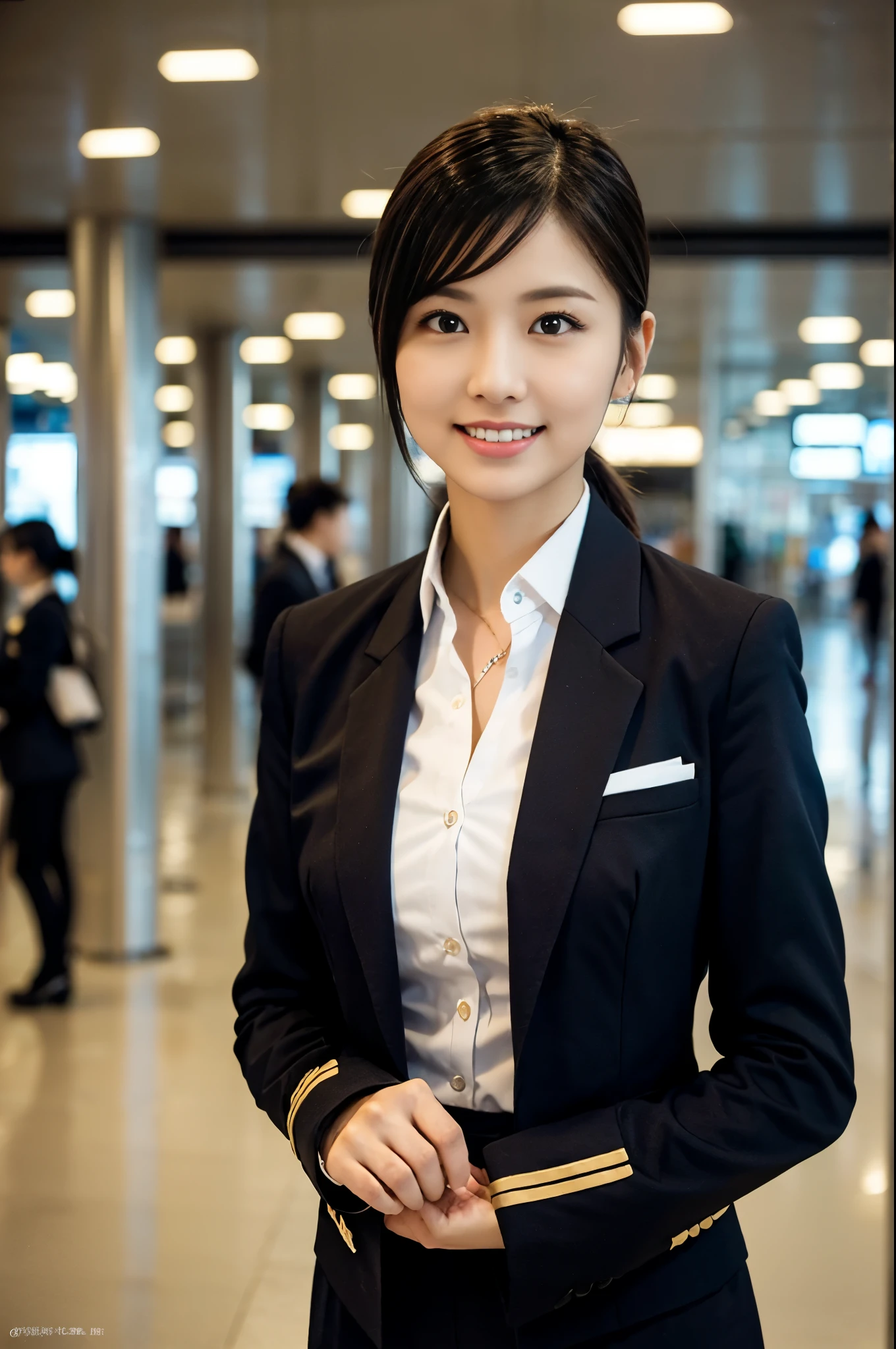 gorgeous woman, Age 21, Flight attendant uniform, Shenzhen Airlines flight attendant，Natural poses in an empty airport, dimpled smile, short ponytail, short bob hair, cute teeth, A rich, round chest., realistic, Beautifully detailed eyes, hyperrealism, high contrast, Ultra HD, realistic textures, Highest picture quality, Highest quality, Ultra high resolution, great details, very meticulously, head to knee, focus ass, dark bokeh night background