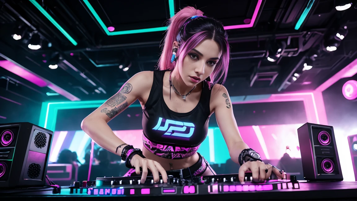 arafed woman in a black top and pink shorts playing a game of dj, cyber punk setting, raver girl, rave girl, dj rave party, dj at a nightclub dancing inspired, playing techno house music, turntablism dj scratching, cyberpunk 2 0 y. o model girl, rave outfit, fanart