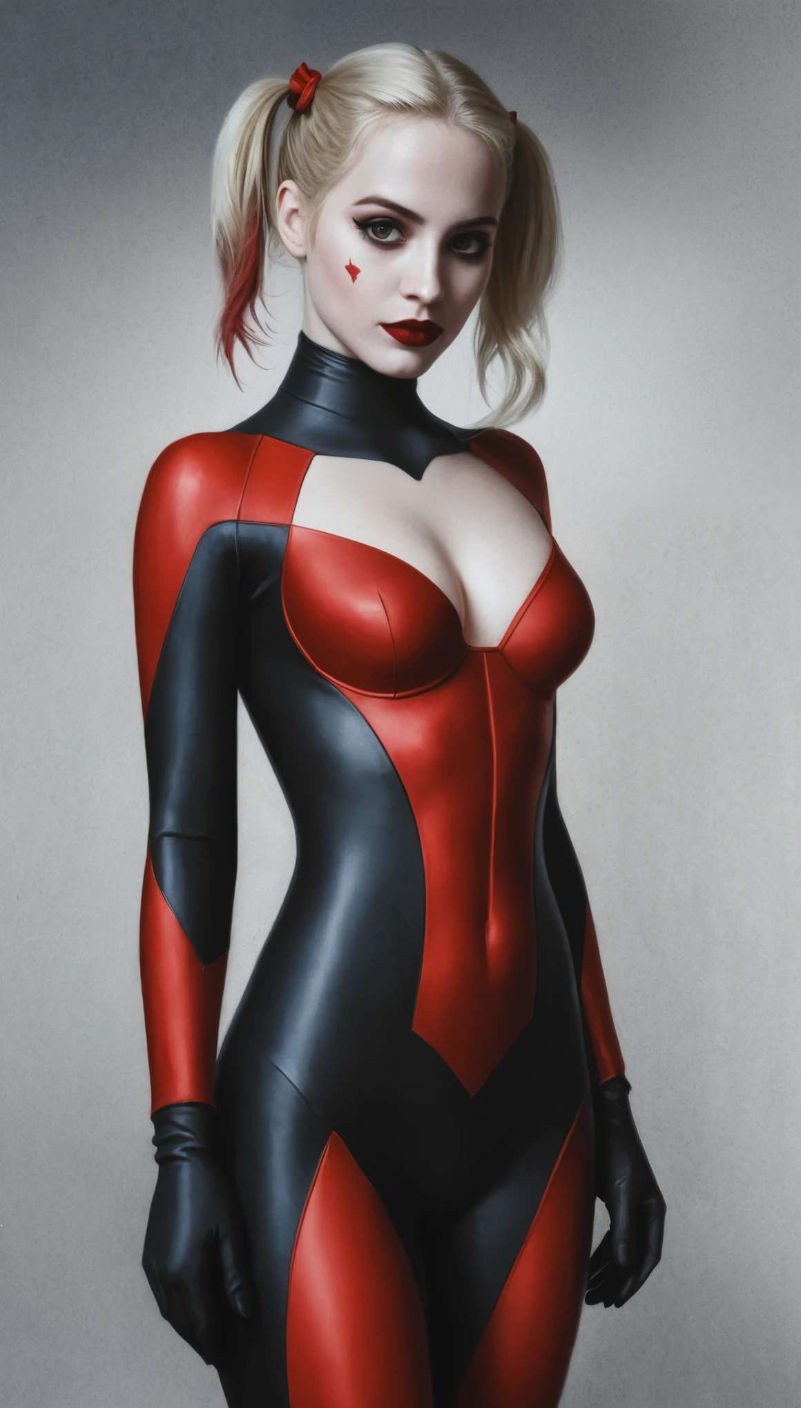  Harley Quinn, wearing a black and red morph suit, hourglass figure, f /2.8, cinematic, high quality, skin texture, looking at the camera  hard shadows, graphite shading, stencil marks, airbrushed acrylic paint, masterpiece 