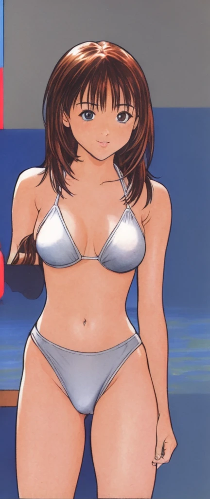 Iori is standing in a bikini with her legs spread to the sides, her hands on her hips, blushing and her mouth open.。