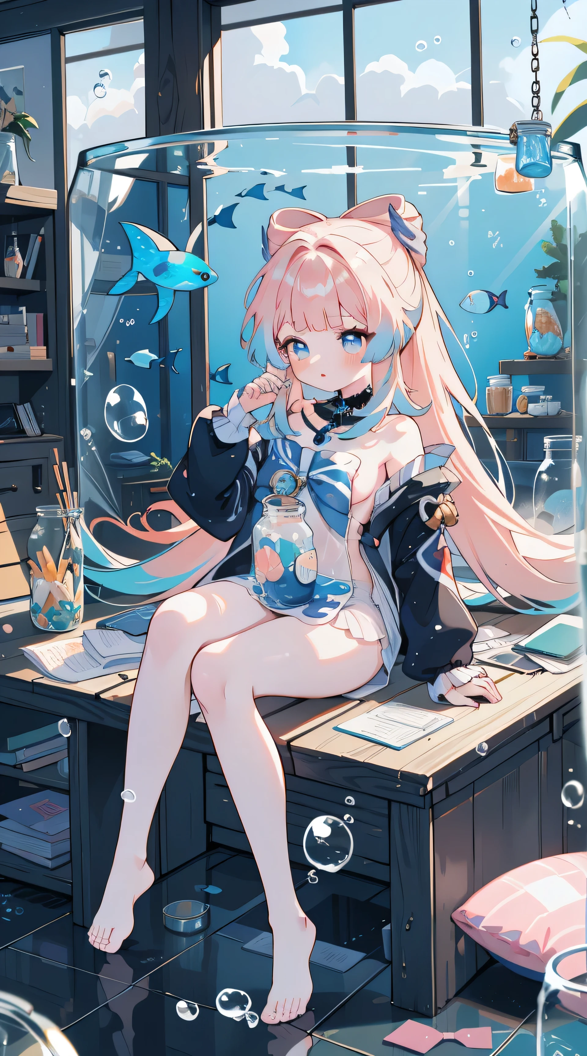 （（（（（（In the tank））））））、A girl, ((Full Body Love)), Wendi (Genshin Impact), Gradient hair, ((((In a jar))))、cute、最small, small, piece, Long sleeve, sit, barefoot, indoors, Naked, desk, knee, paperwork, (fish, bubble, Underwater, bubble),