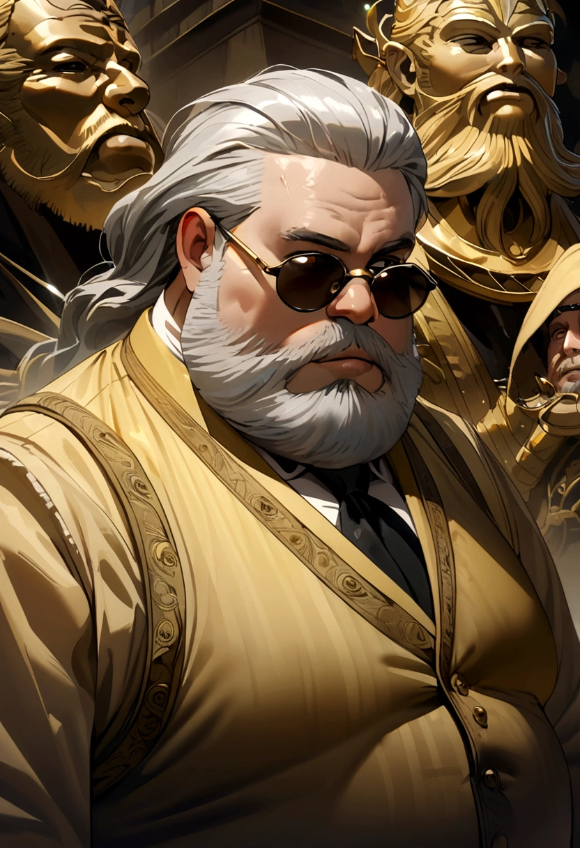a fat man with gelled grey hair, wearing black sunglasses, beard, gold earrings, wearing a yellow-brown vest
