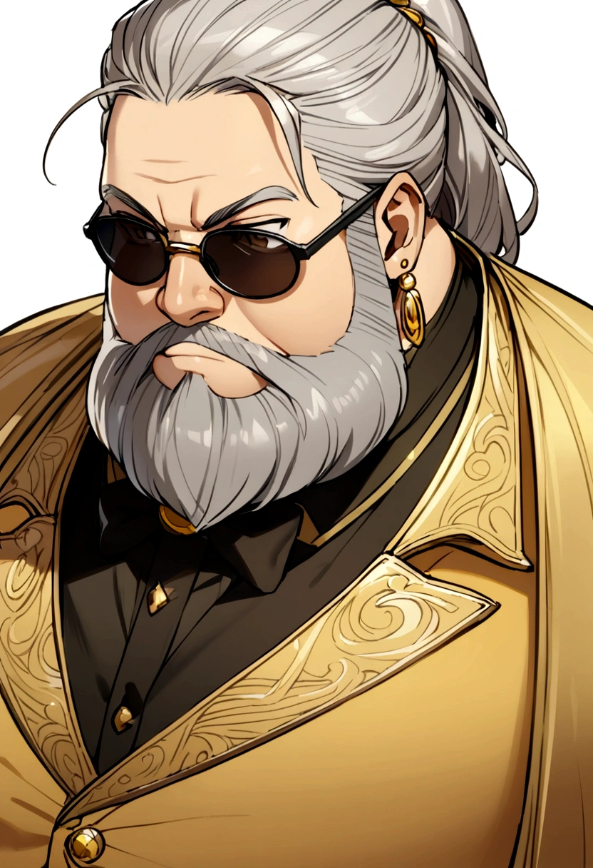 a fat man with gelled grey hair, wearing black sunglasses, beard, gold earrings, wearing a yellow-brown vest