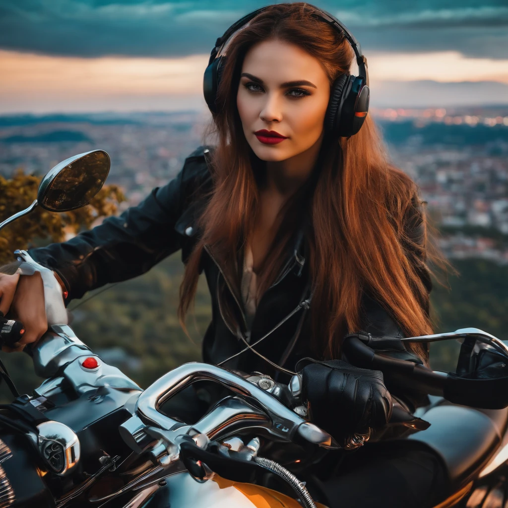 A girl sitting on top of her motorcycle, on the edge of a cliff overlooking the city.
long and straight hair, with a headset