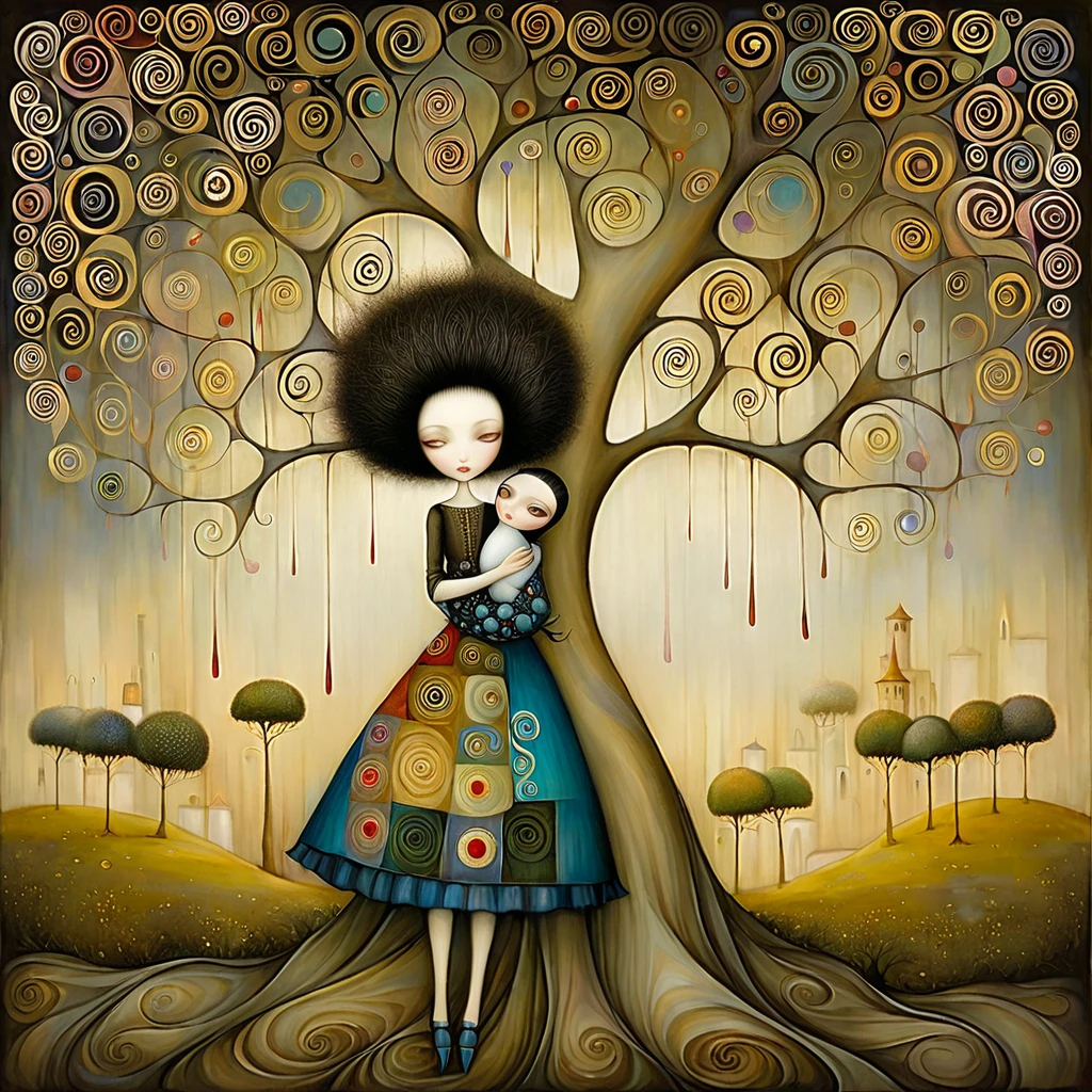 Patchwork by Klimt, Nicoletta Ceccoli, Naoto Hattori, Lawrence Didier, Leonora Carrington of European Woman with short black hair and a long, wide skirt, hugs a tree