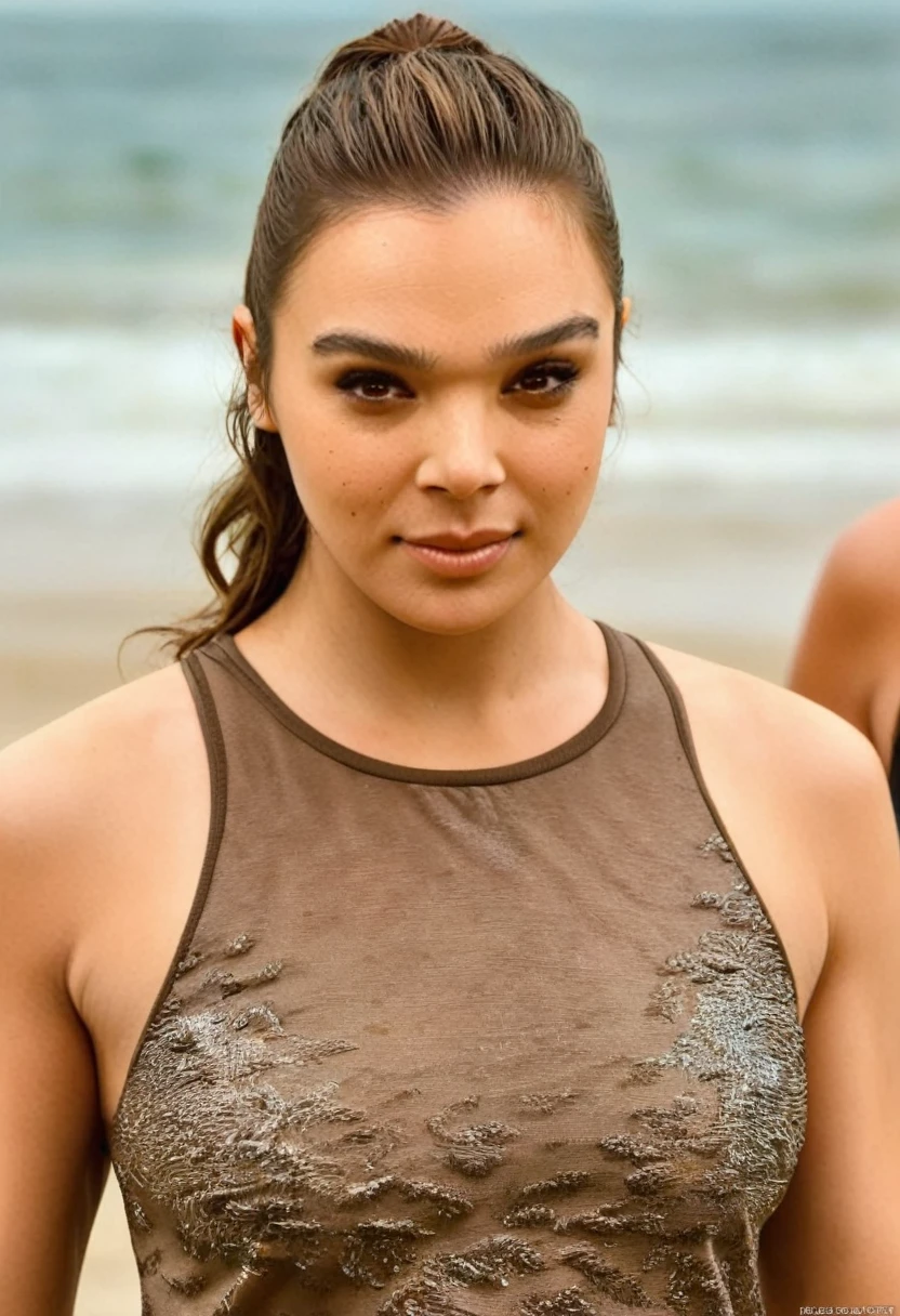  high quality  Erotic paparazzi photograph  of GalGadot as Hailee Steinfeld (hail33 woman, long brown hair, long brown hair pulled back, hair bun , HaiStei) , 45 yo woman, shiny and glowy skin, sensual shiny skin, big boobs, on beach, vacation  , random angle walking, sexualized figure , randomly taken photograph ,tight sexualized blouse , random erotic photograph , she is wearing a sweaty t shirt, warm environment , bright sun,  tired woman , fit tall muscular woman  ( depth of field, insanely detailed skin texture, hyper detailed features )