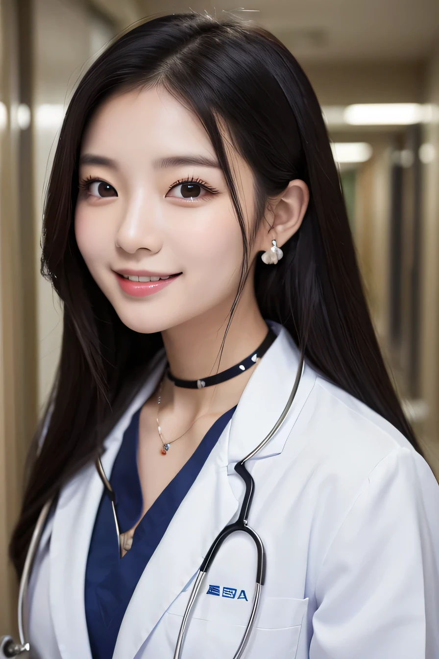 Beautiful young woman、 Korean women、Black Hair、Necklace around the neck、White、Stethoscope、hairstyle semi long、smile、Open your mouth a little、Intricate details, Very detailed:1.2), 、 Looking into the camera,The background is the corridor of the hospital.、ear piercing