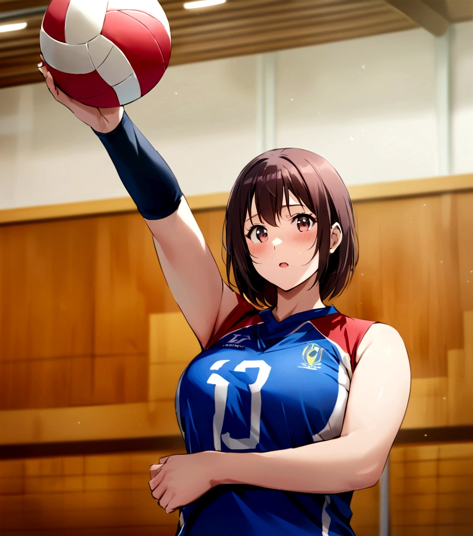 there is a woman holding a volleyball ball in a gym, wearing a volleyball jersey, mayuri shiina, Chiho Ashima, volleyball, , Service Organizations, Nishimiya Shoko, Akikazu Mizuno, volleyball