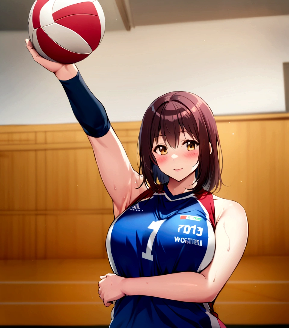 there is a woman holding a volleyball ball in a gym, wearing a volleyball jersey, mayuri shiina, Chiho Ashima, volleyball, tits, Service Organizations, Nishimiya Shoko, Akikazu Mizuno, volleyball