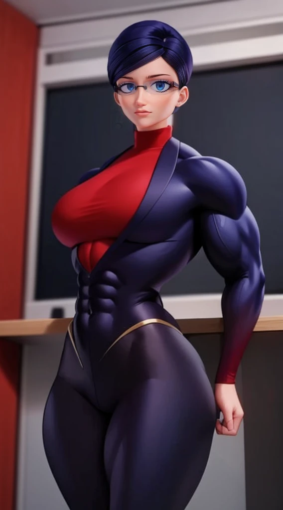 a muscular female bodybuilder in red bra inside office suit and her hair is dark blue and a bit red from end to the right side of head, detailed face, beautiful detailed eyes, beautiful detailed lips, extremely detailed face and muscles, long eyelashes, strong muscles bulging through suit, dynamic pose, professional studio lighting, hyperrealistic, 8k, high quality, photorealistic, physically-based rendering, concept art, dramatic color palette,((abs))