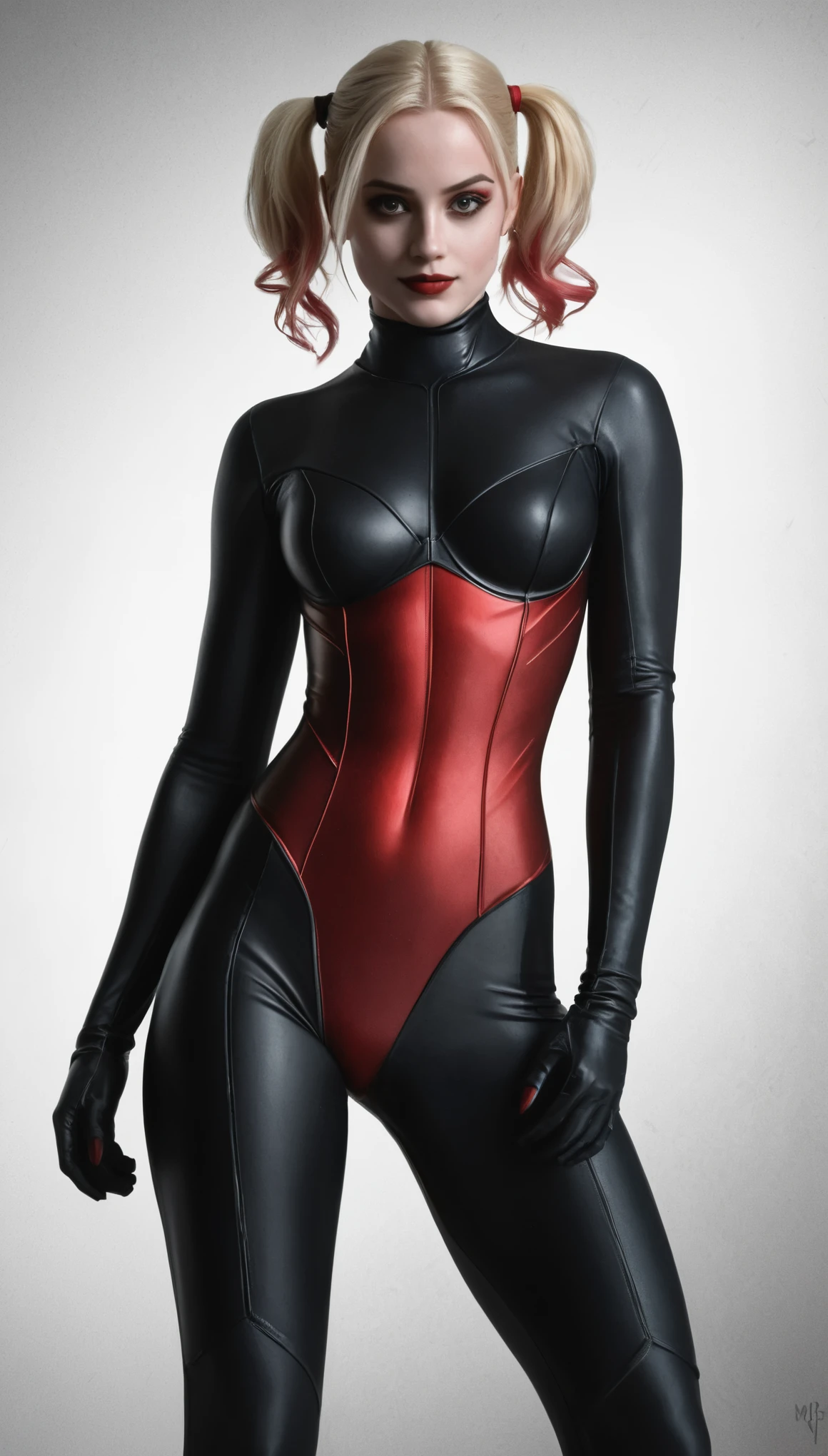  Harley Quinn, wearing a black and red morph suit, hourglass figure, f /2.8, cinematic, high quality, skin texture, looking at the camera  hard shadows, graphite shading, stencil marks, airbrushed acrylic paint, masterpiece 