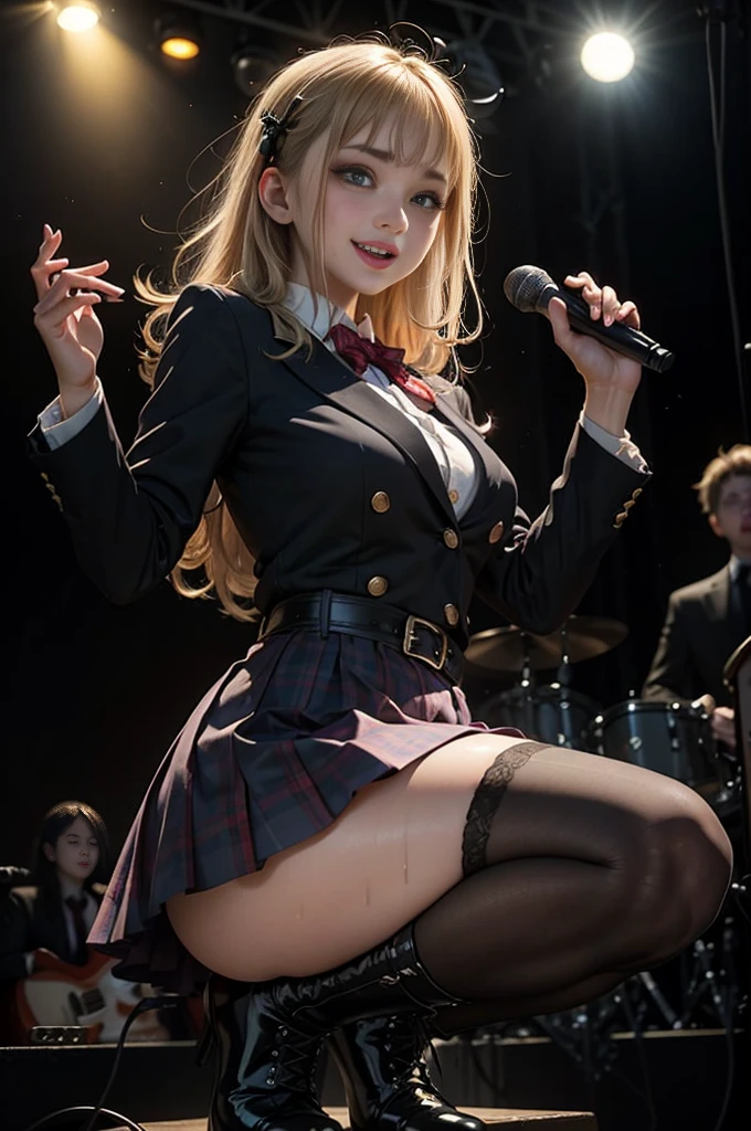High school girl blazer、 uniform、Red checked knee-length skirt、Long skirt、JK Style、Jacket、smile、Knee-high socks、Thigh-high socks、pantyhose、super beauty、Super cute、ennui、Rare beauty、Black Dark Eyeshadow、Good skin glow、Long hair straightener、Dark Gothic Makeup、Dark Smile、Fragrant beauty、Stained glass background、Masterpiece、Best Quality、Refers to 5 books、Sweat glistening on chest、Sweat glistening on face、Small breasts、Golden Hair、Age 19 years old、Slightly slim、Mysterious look、A sad expression、Sweating profusely all over the body、A lot of sweat and light on the thighs、Shiny thighs、Plenty of sweat glistening on the thighs、A large amount of sweat glistens on thighs、Gal、japanese face、Alluring expression、Thick thighs、Sing a song enthusiastically in a band、Live House Background、Sing a song、Open your mouth、Live house scenery、Mike stand、Glamorous live stage、Dynamic Angle、Platform boots、Are standing、Hime cut hair、Gothloli 、from under her, (from below)