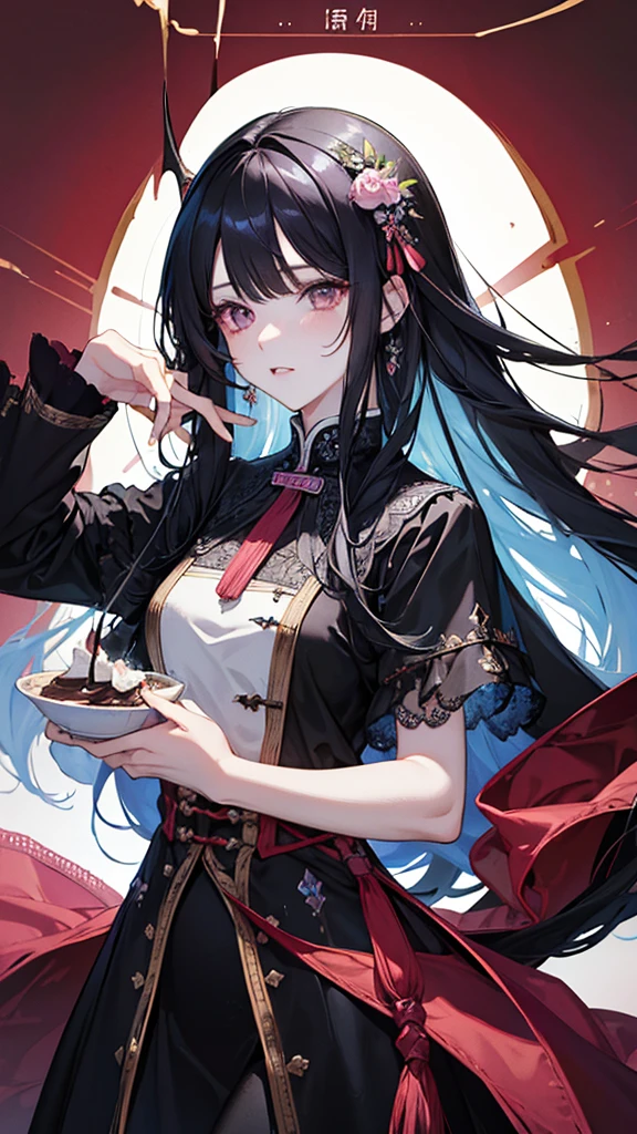 ((Highest quality)), ((masterpiece)), (detailed), Perfect Face、
Her long black hair flowed down to her shoulders.、Fair skin Bangs Eating pudding Pink eyes