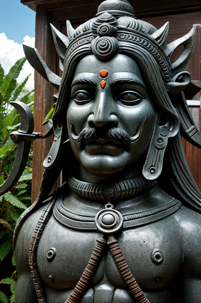 1man, male giant dwarapala stone statue moss, holding big mace, fang, gigantic, temple, dark night, creepy, dawn, details, ropes, hyperrealistic, dim light, blue ray, traditional, tree, forest, bokeh, blurry background, spooky, <lora:ARWDwarapalaStatue:1>