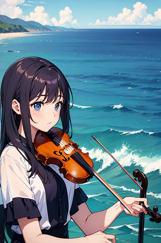 Girl plays the violin against the background of the sea
