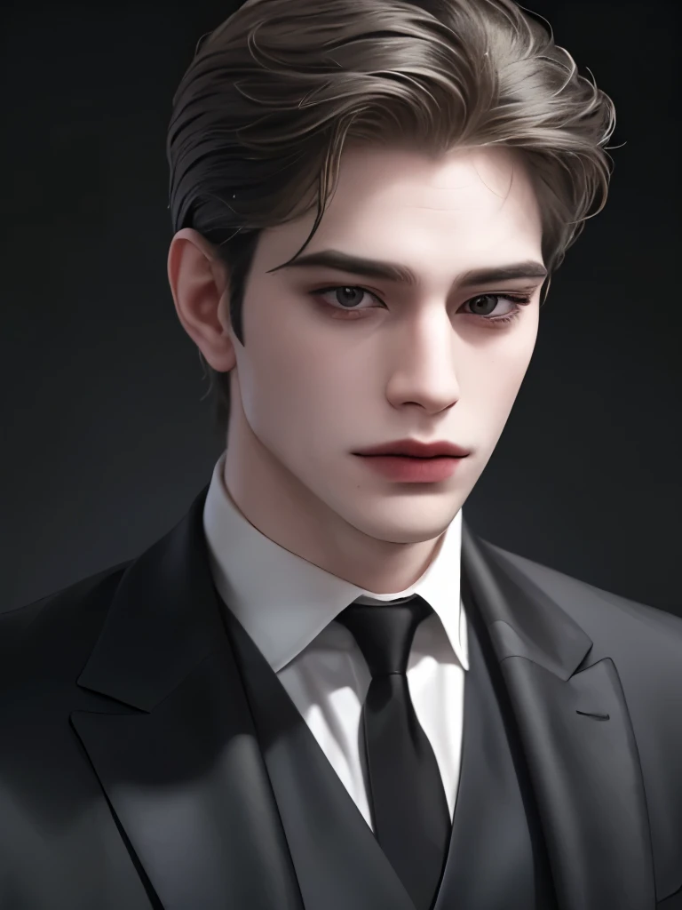 (masterpiece, best quality, ultra_detailed, highres, absurdres), 1 caucasian man in 30s, attractively handsome, clean face with shaved, masculine, sharp gaze, stoic face, sharp eyes, male focus, solo, gray hair, short groomed-hair, black suit, looking at viewer, parted lips, collared shirt, teacher vibe, dark background, monocle (looking away:1.2)