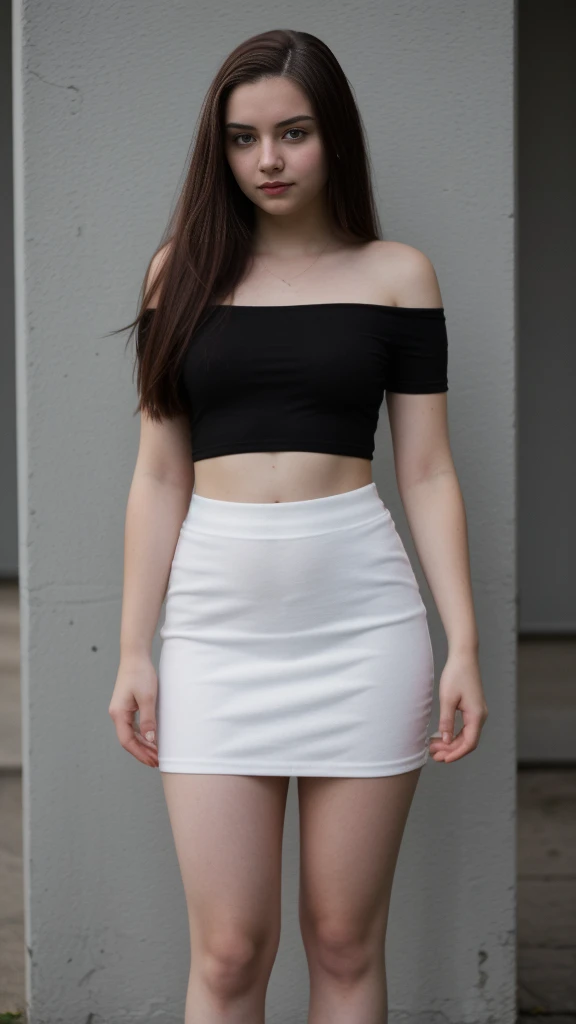 RAW photo, photo of overweight 15 year old teen, (long brunette hair), (tight skirt), (red off shoulder top), standing outdoors, pale white skin, thick thighs, freckles, blemishes, lipstick, ((short height, broad shoulders, ((wide hips and waist)), ((chubby:1.3))